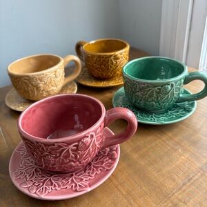 Set of 4 Coffee/Tea Acorn Forest Leaves Textured Mugs with Saucers-Multicolor